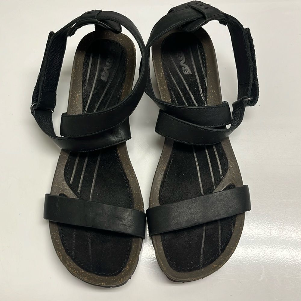 Teva Black Criss Cross Cork Strappy Sandals with Hoop and Loop Closure- Size 9.5